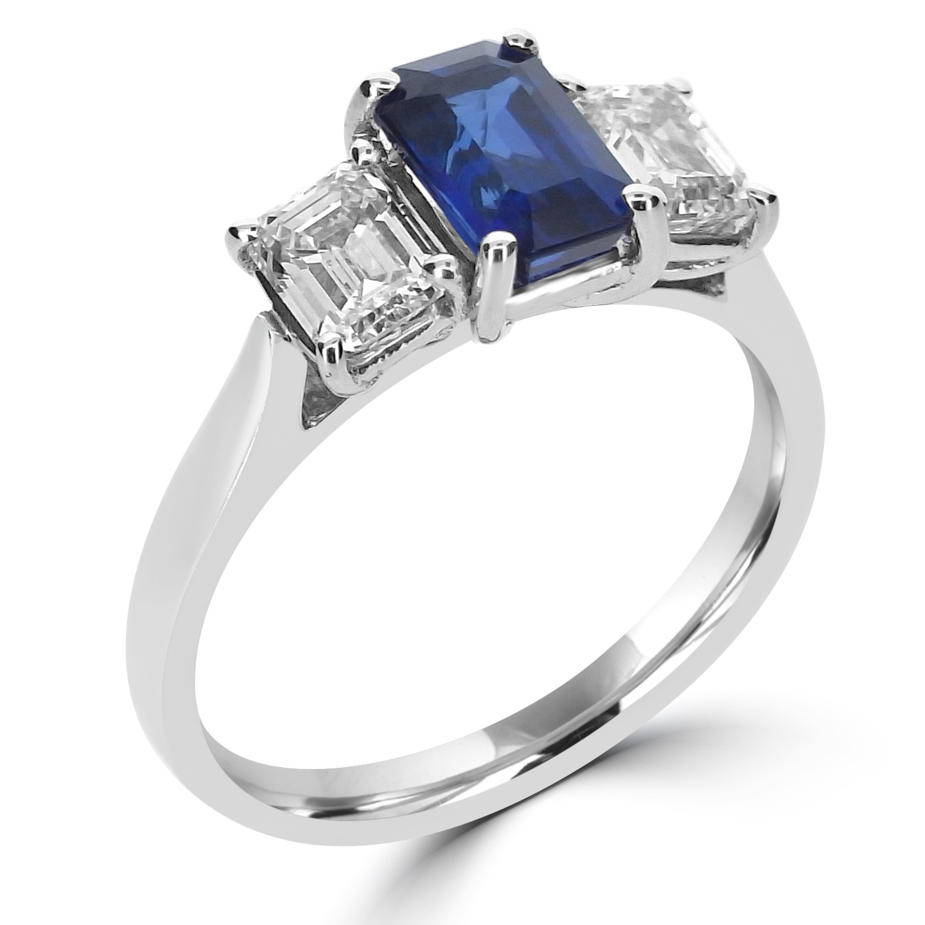 0.40CT EMERALD CUT SAPPHIRE AND PRINCESS DIAMOND THREE STONE ENGAGEMENT RING- HARROGATE
