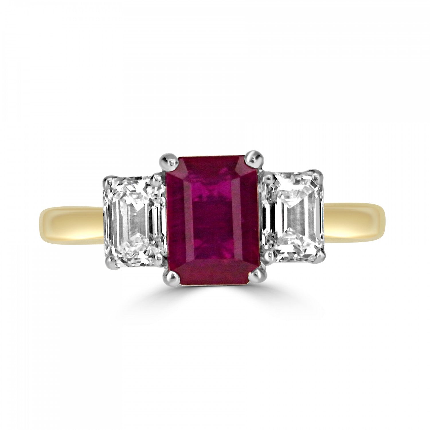 1.28CT EMERALD CUT RUBY AND DIAMOND THREE STONE ENGAGEMENT RING- HARROGATE