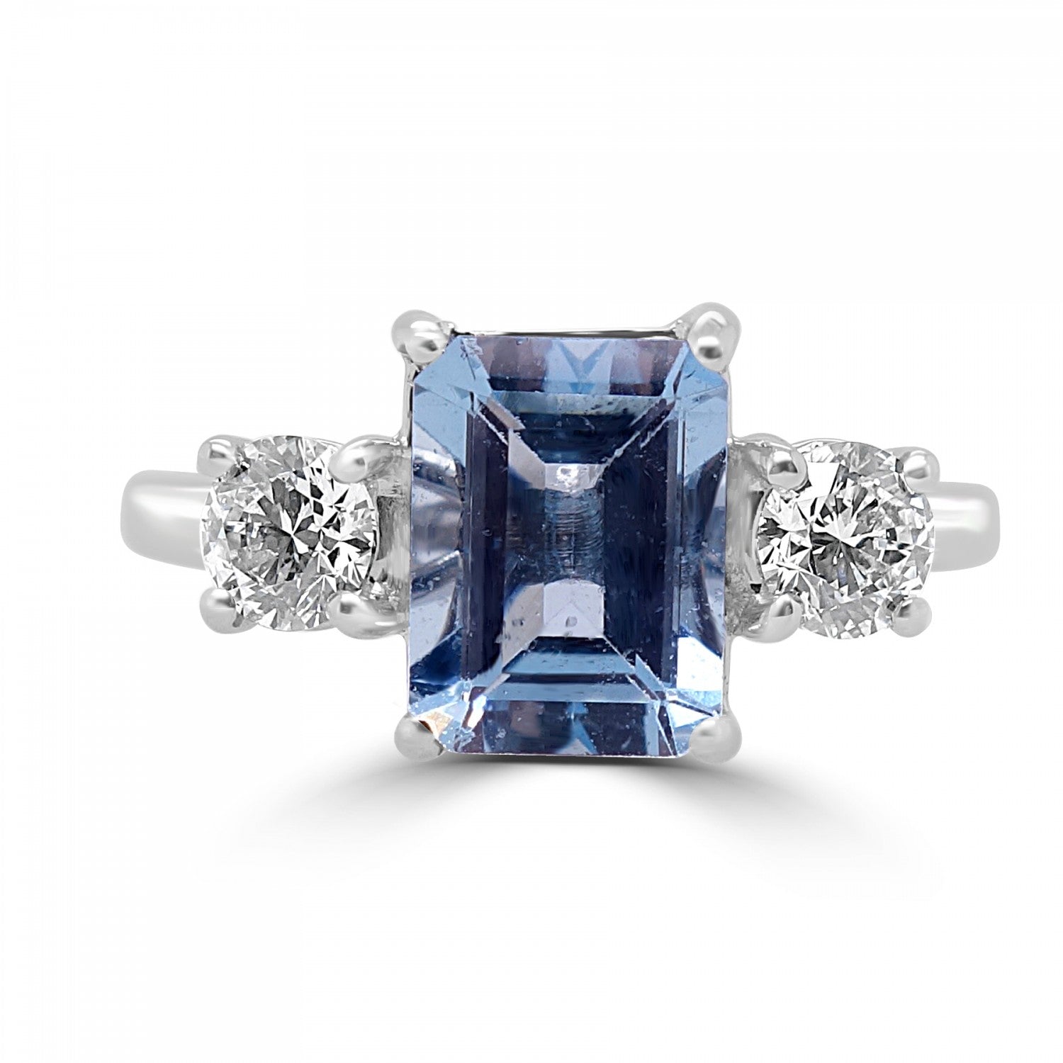 1.65CT EMERALD CUT AQUAMARINE AND DIAMOND THREE STONE ENGAGEMENT RING- HARROGATE
