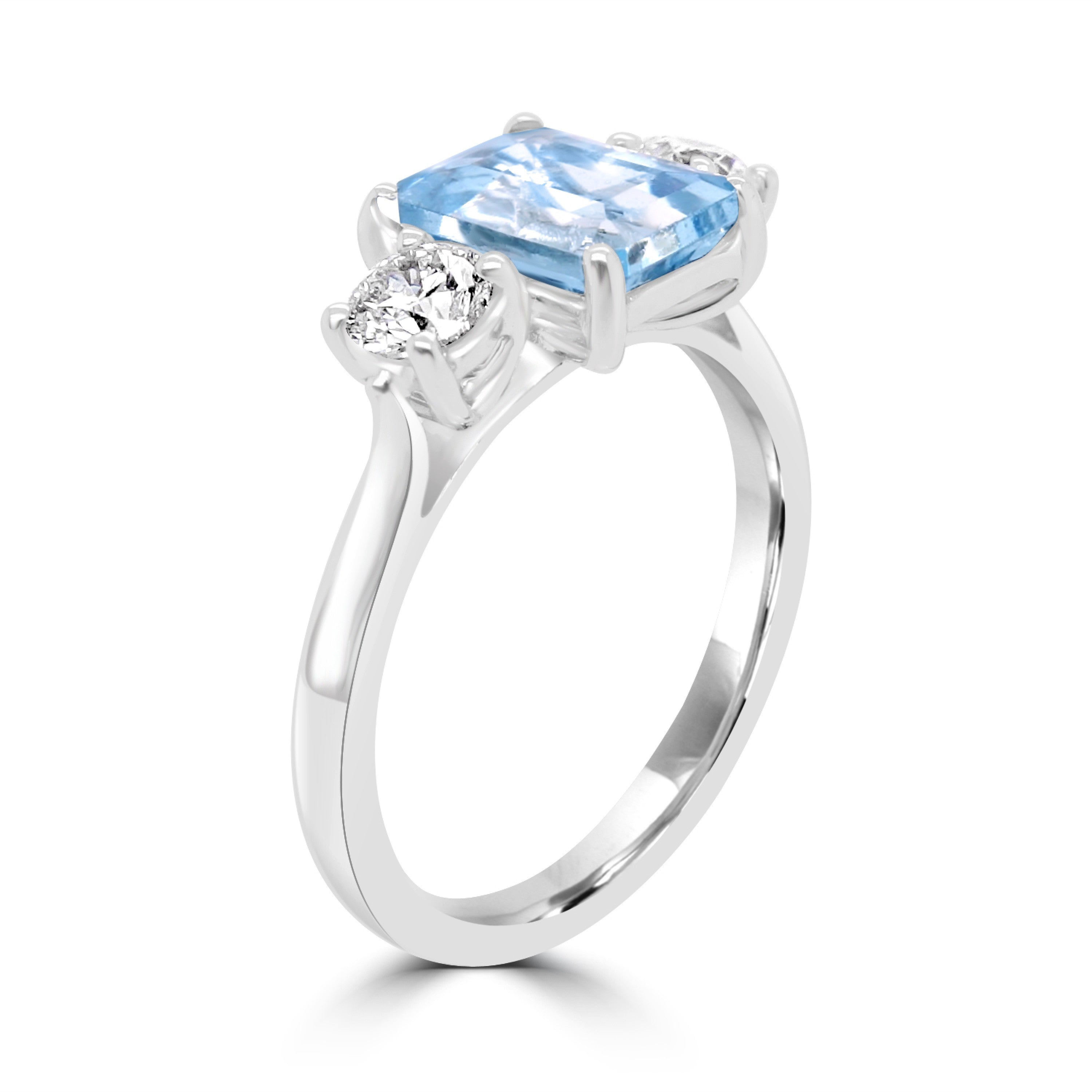 1.65CT EMERALD CUT AQUAMARINE AND DIAMOND THREE STONE ENGAGEMENT RING- HARROGATE