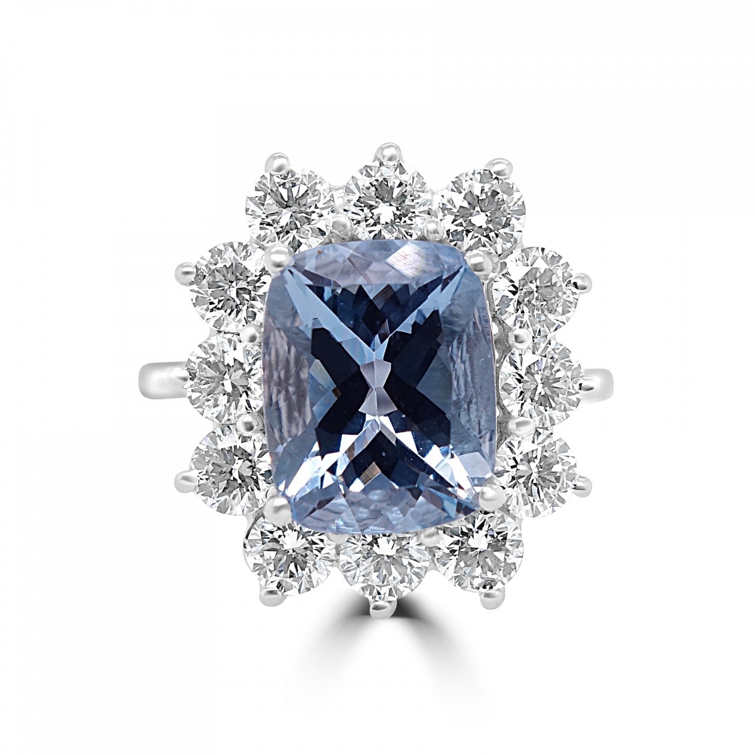 Cushion cut aquamarine cluster diamond engagement ring Harrogate 2.89ct Fogal and Barnes Fine Jewellers