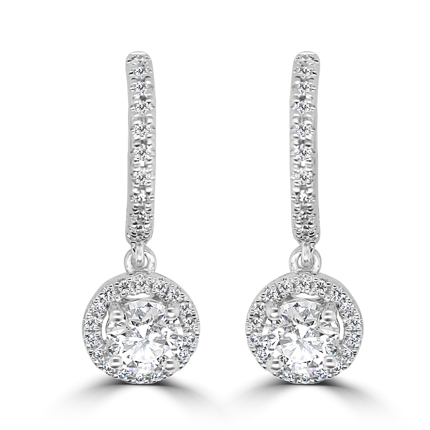 18K WHITE GOLD DIAMOND HALO DROP EARRINGS
