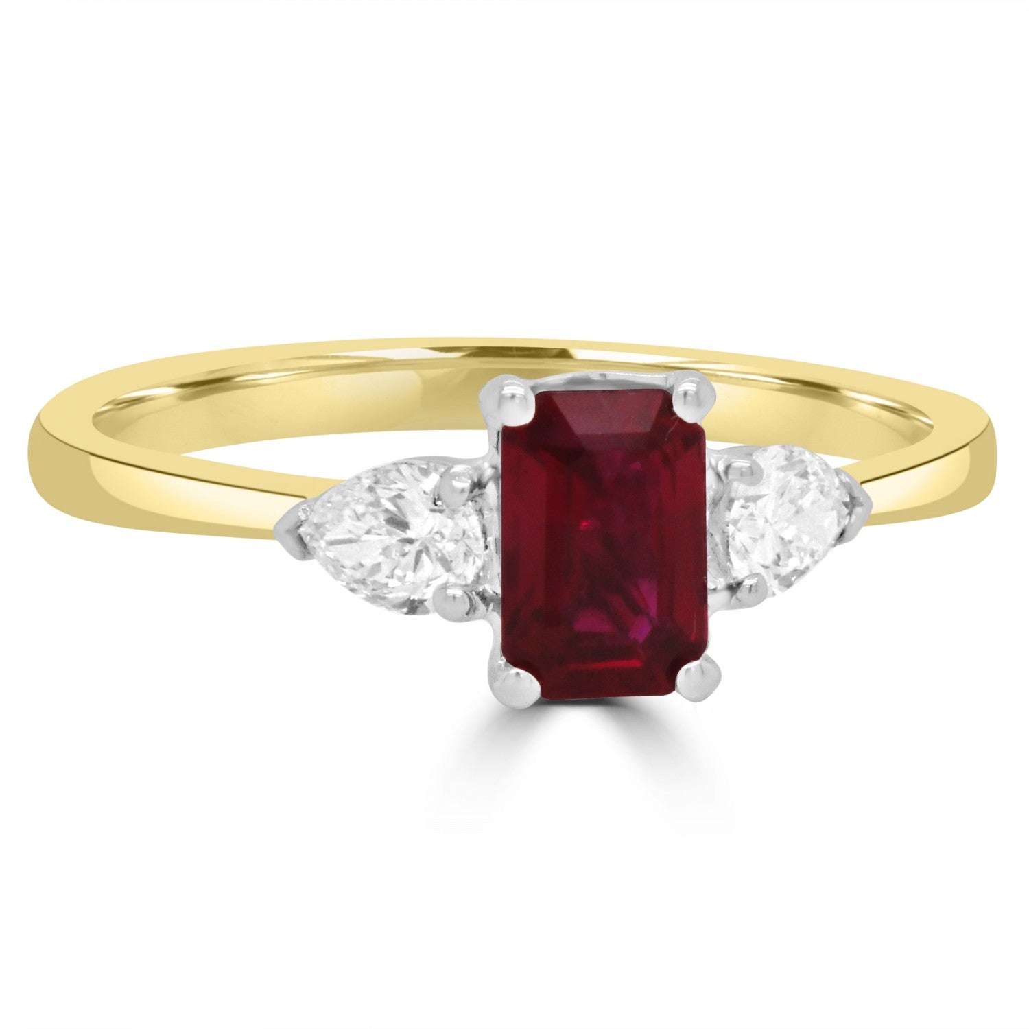 0.73CT EMERALD CUT RUBY AND DIAMOND PEARS THREE STONE ENGAGEMENT RING- HARROGATE