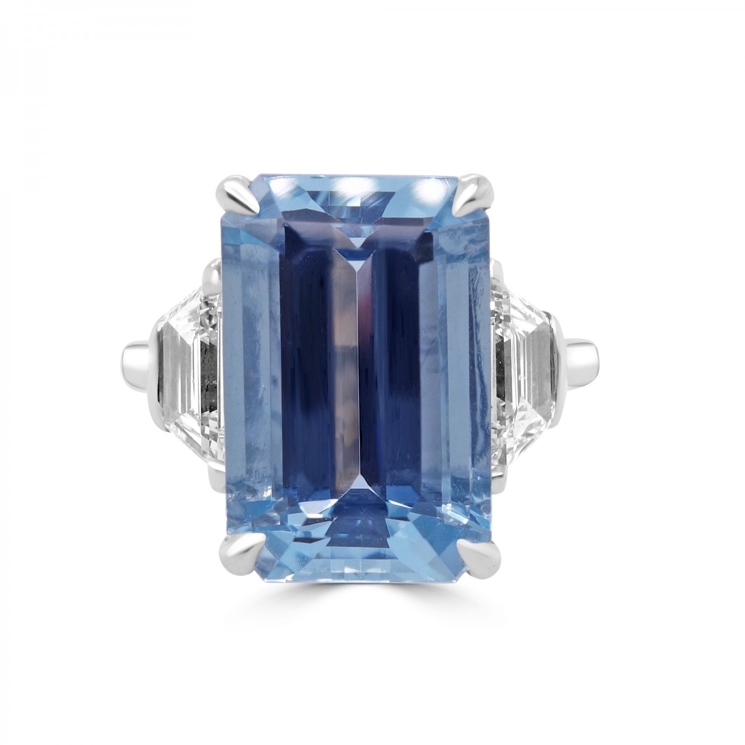 7.47CT EMERALD CUT AQUAMARINE AND DIAMOND THREE STONE ENGAGEMENT RING- HARROGATE