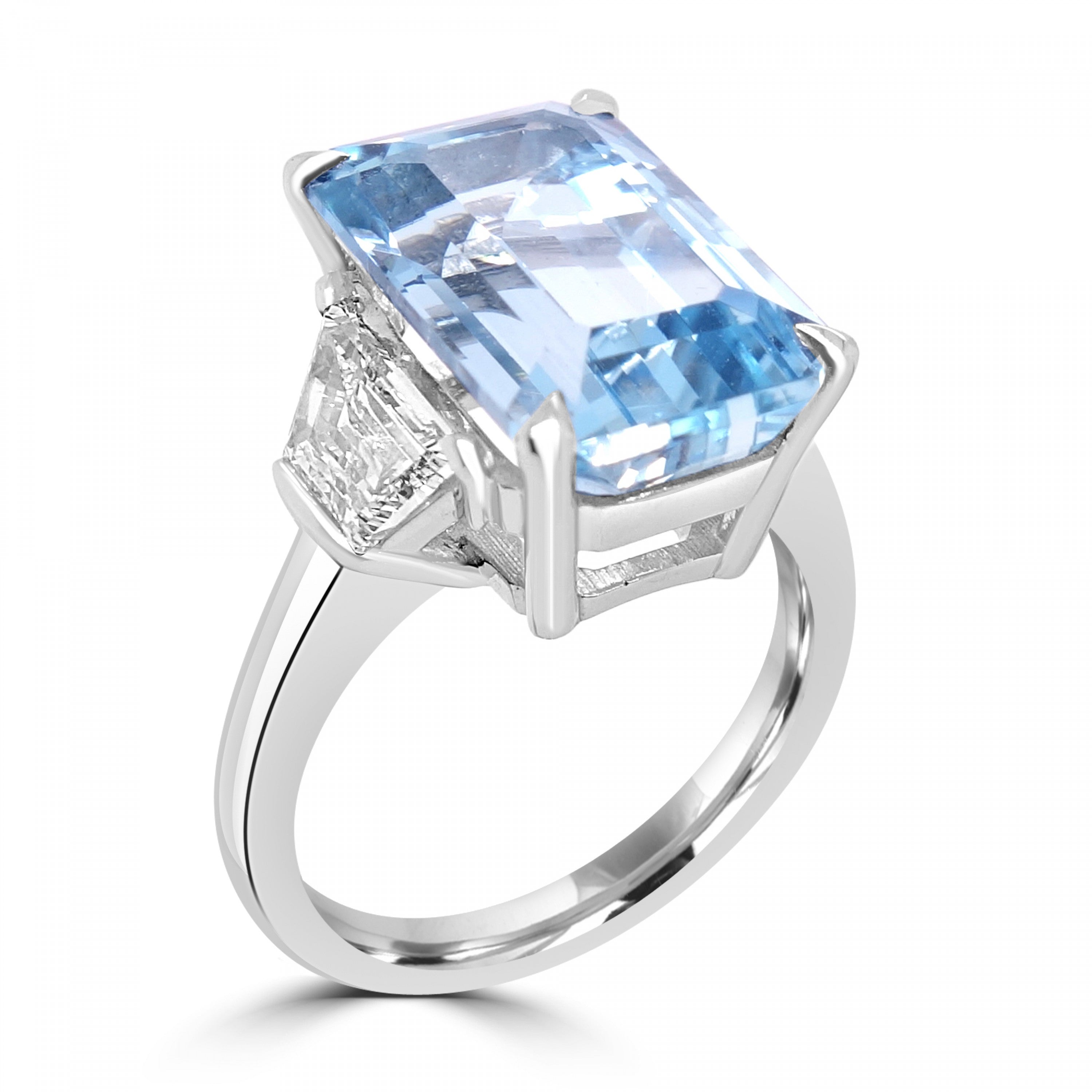 7.47CT EMERALD CUT AQUAMARINE AND DIAMOND THREE STONE ENGAGEMENT RING- HARROGATE
