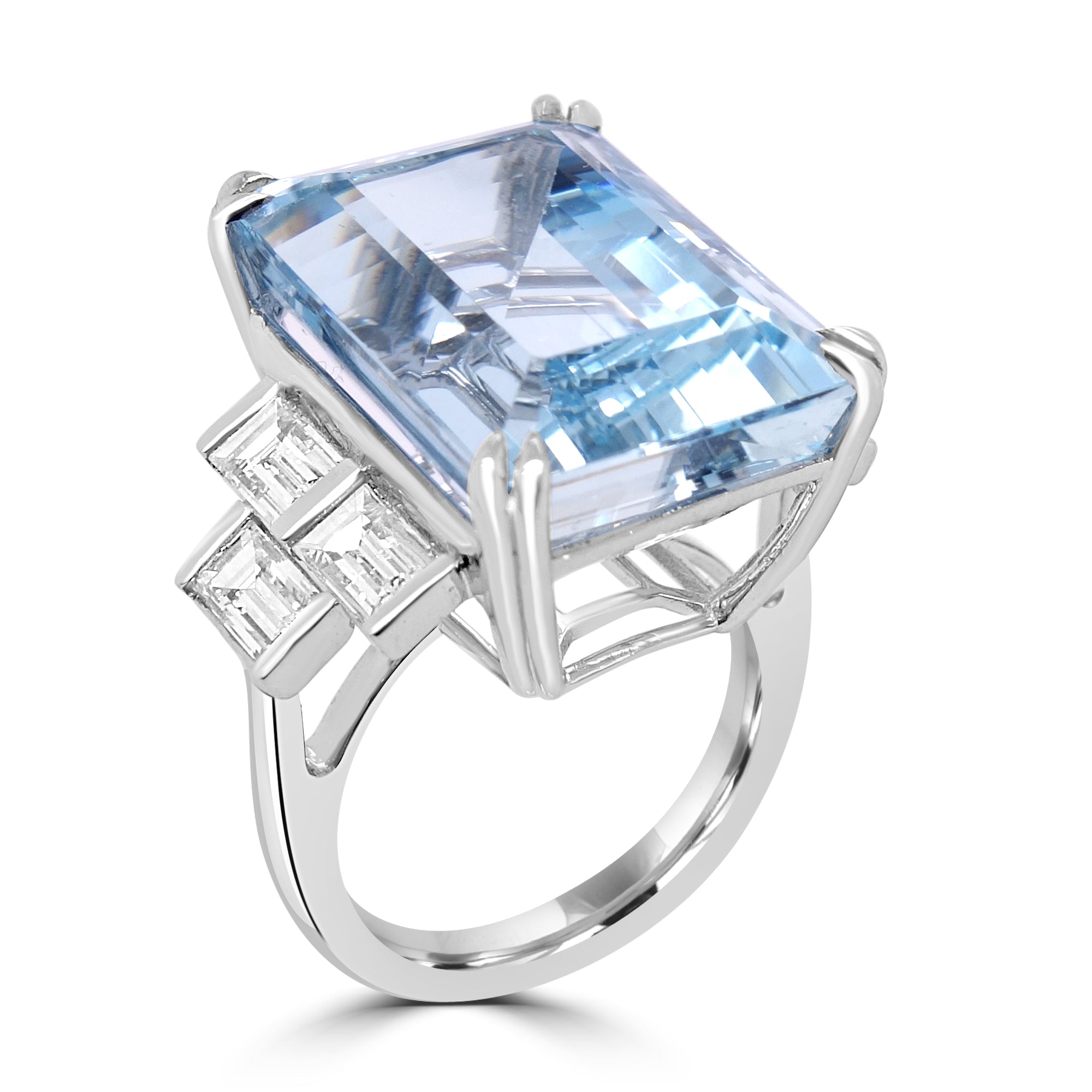 Aquamarine Gemstone Emerald Cut Trilogy Engagement Ring Fogal and Barnes Harrogate Jewellers