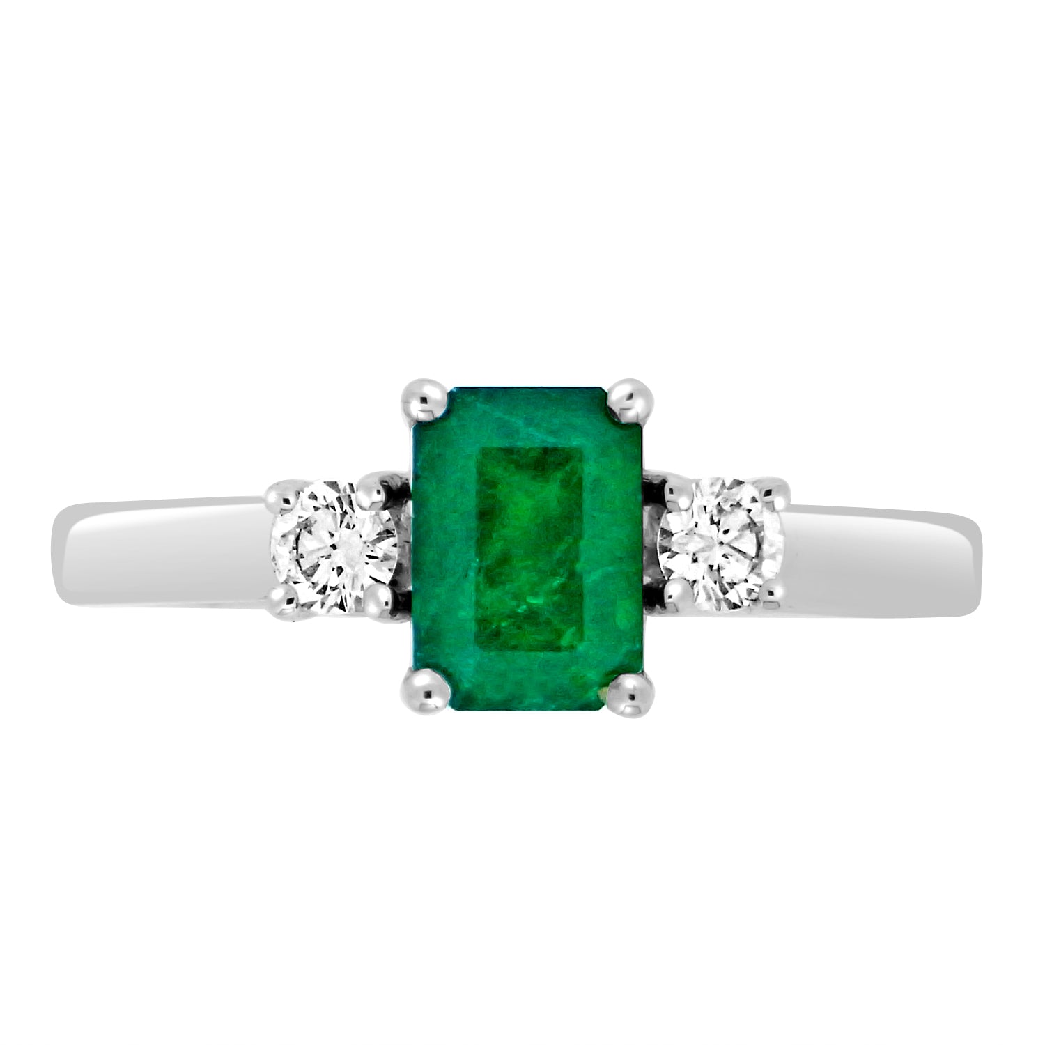Emerald cut emerald set on platinum with 2 sides of round diamonds from fogal and barnes fine jewellers of harrogate.