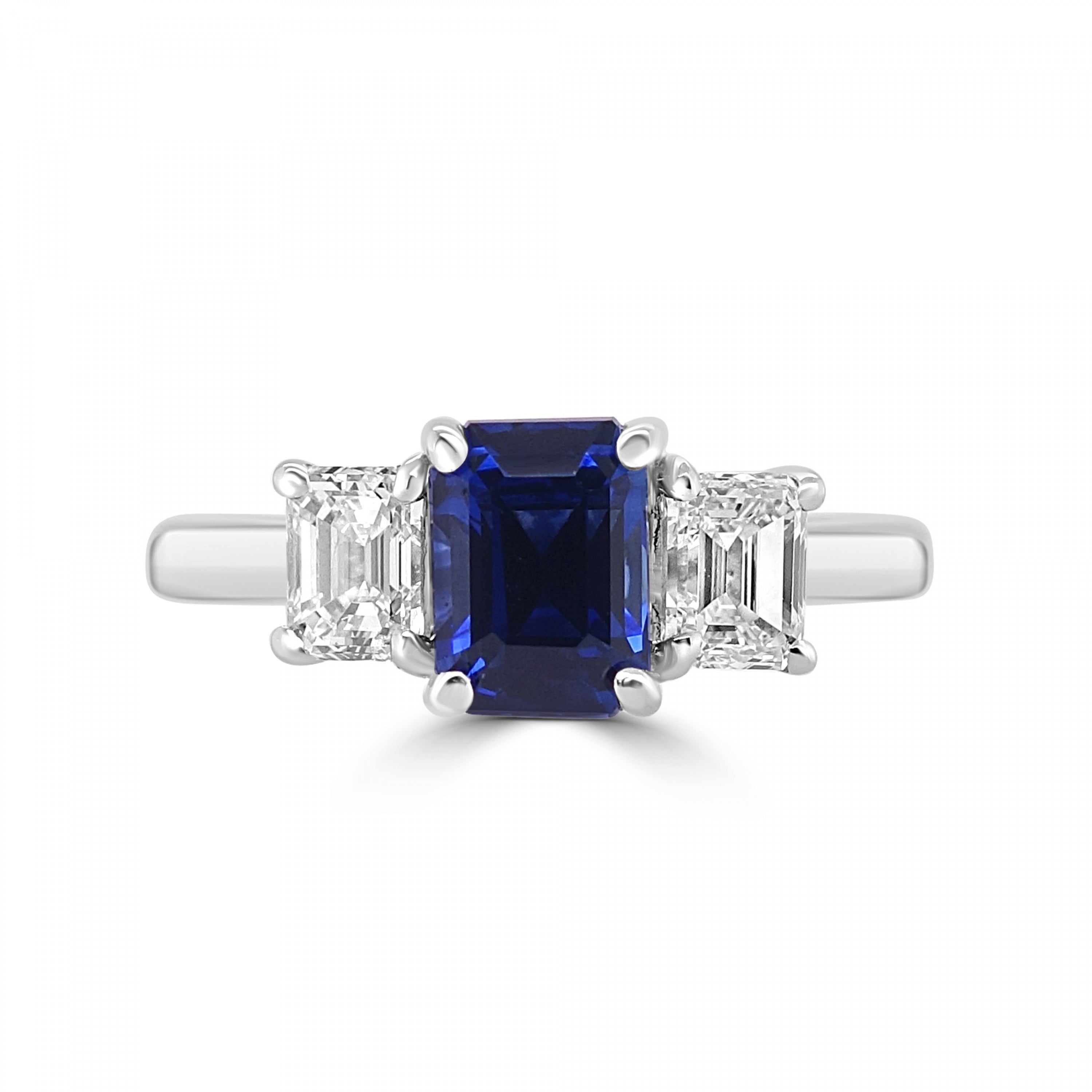 1.32CT EMERALD CUT SAPPHIRE AND DIAMOND THREE STONE ENGAGEMENT RING- HARROGATE