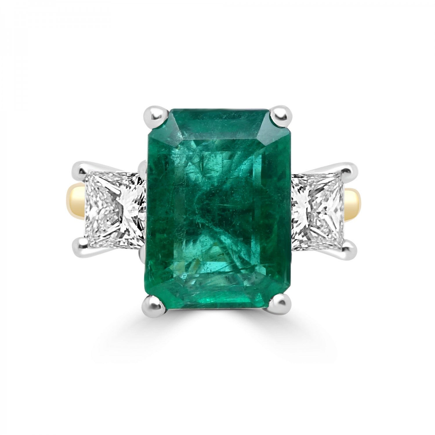 3.92CT EMERALD CUT EMERALD AND DIAMOND THREE STONE ENGAGEMENT RING