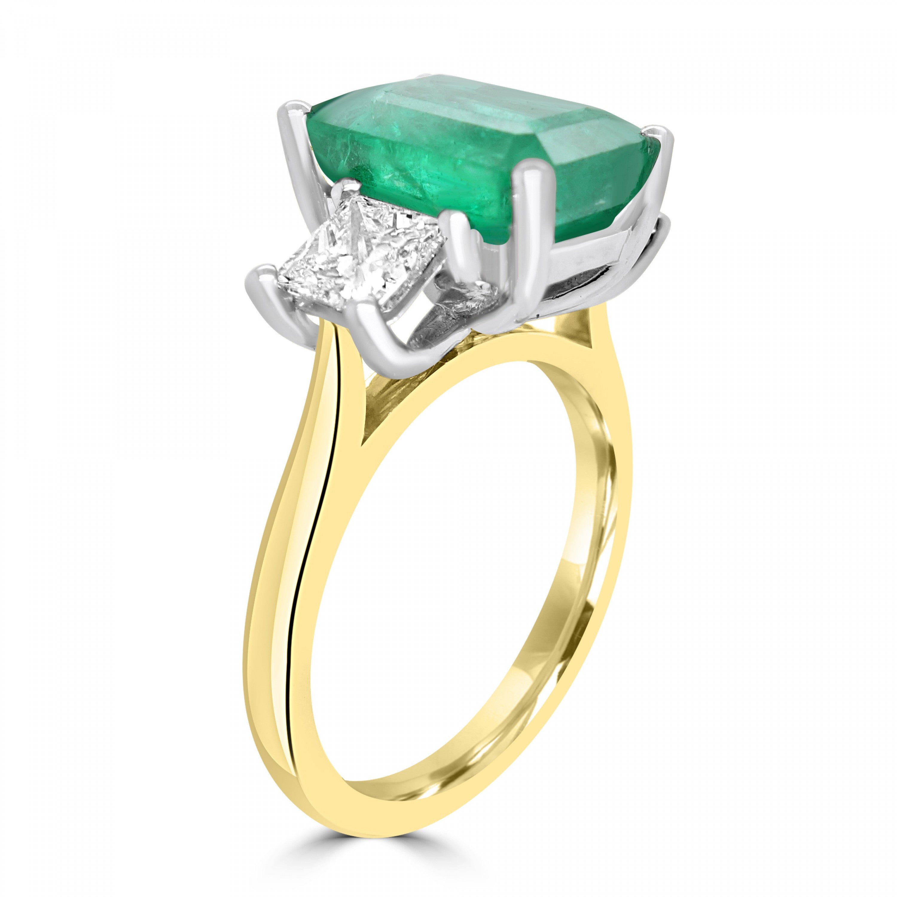 3.92CT EMERALD CUT EMERALD AND DIAMOND THREE STONE ENGAGEMENT RING