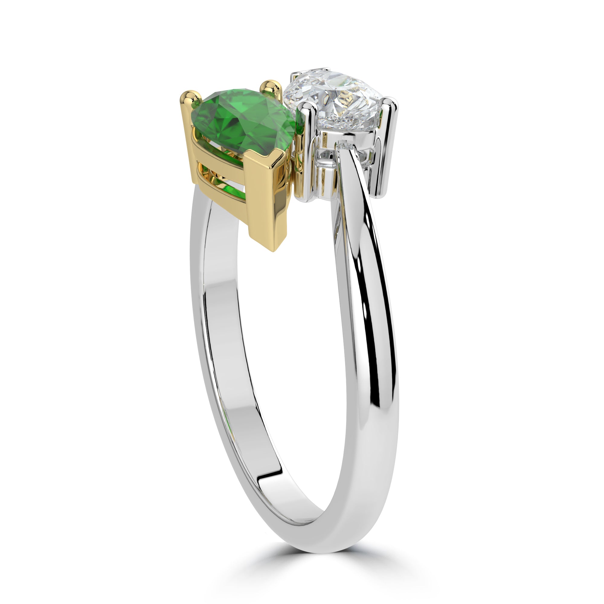 Toi et Moi 2 stone enagement ring in Harrogate Pear cut diamond and emerald gemstone set in a platinum mount 2.00ct total Fogal and Barnes Fine Jewellers