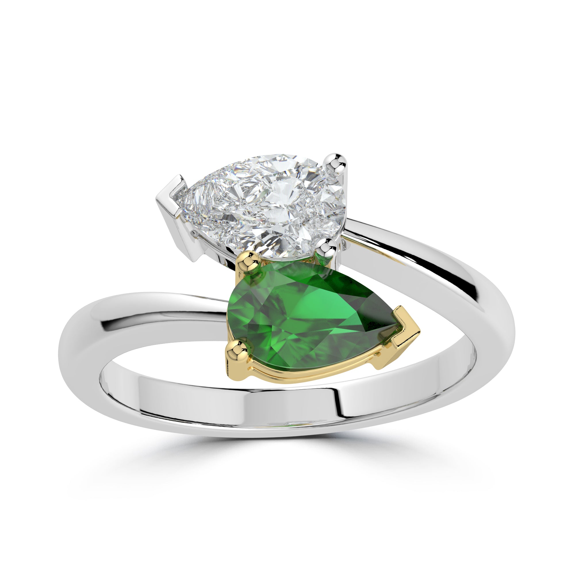 Toi et Moi 2 stone enagement ring in Harrogate Pear cut diamond and emerald gemstone set in a platinum mount 2.00ct total Fogal and Barnes Fine Jewellers