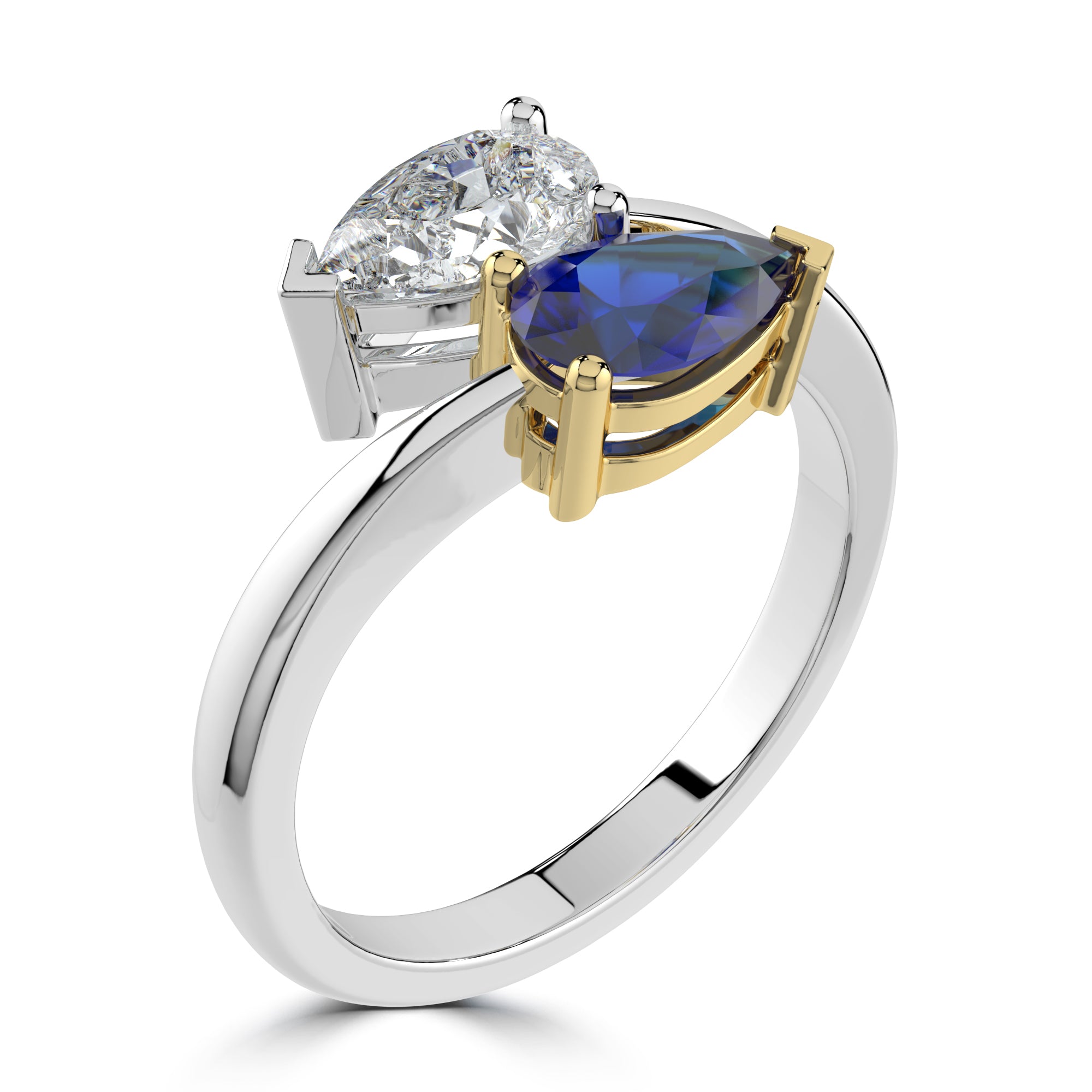 Pear cut tio et moi diamond and sapphire engagement ring Harrogate 2.46ct Fogal and Barnes Fine Jewellers Platinum and yellow old head