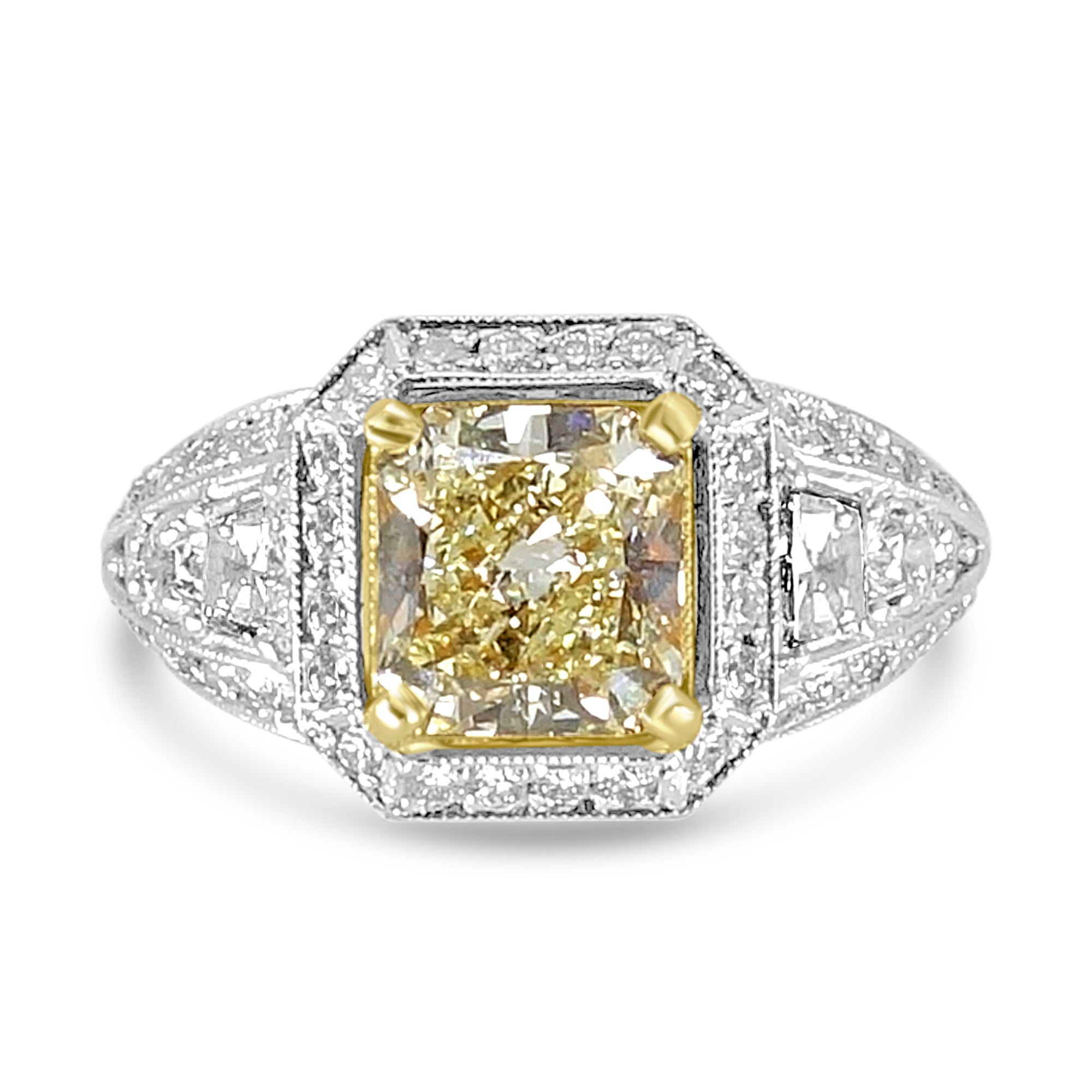 Radiant Cut Yellow Diamond Art Deco Halo Engagement Ring Harrogate Fogal and Barnes Fine Jewellers