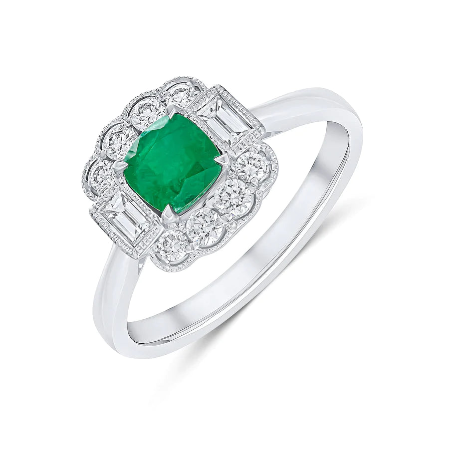 cushion cut emerald set on 18ct white gold or platinum cluster diamond with 2 baguette side diamonds engagement ring Harrogate Fogal and Barnes