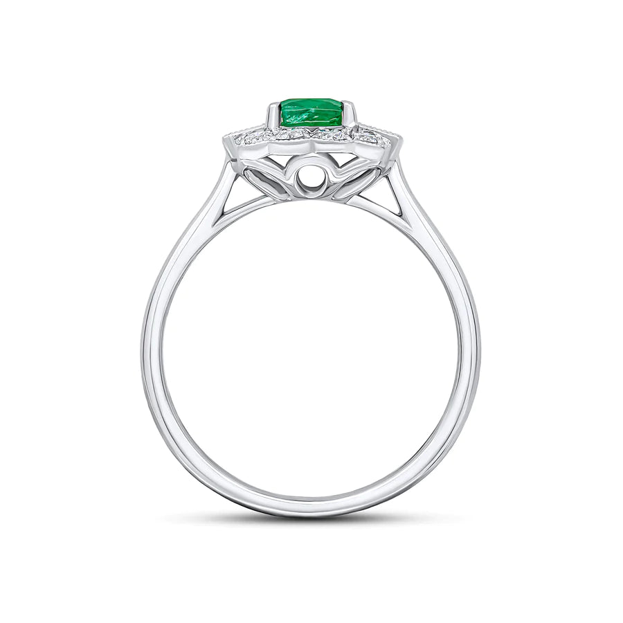 cushion cut emerald set on 18ct white gold or platinum cluster diamond with 2 baguette side diamonds engagement ring Harrogate Fogal and Barnes
