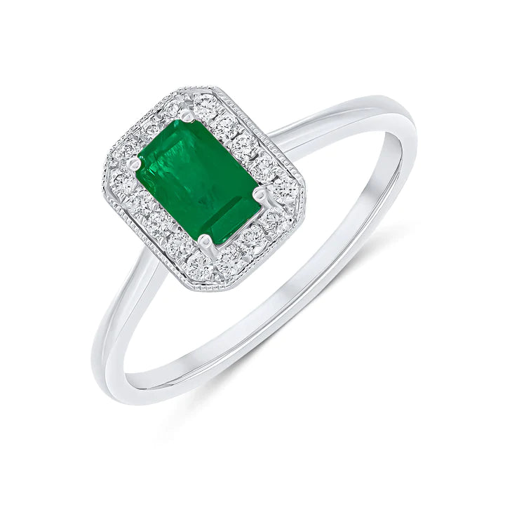 OCTAGONAL EMERALD MILLGRAIN ENGAGEMENT RING