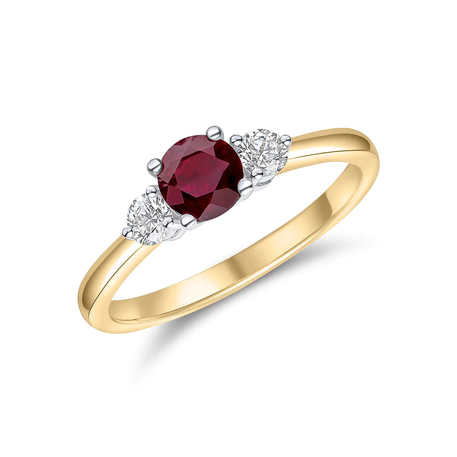 ROUND BRILLIANT CUT RUBY DIAMOND TRILOGY RING