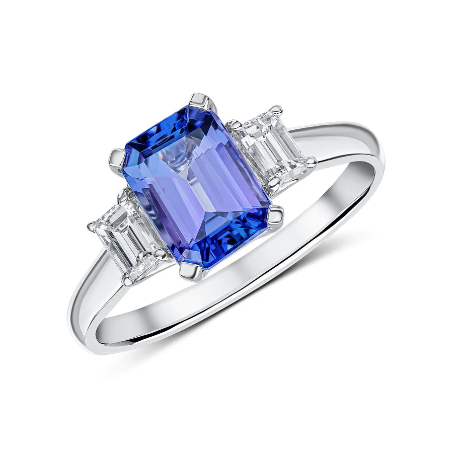 OCTAGONAL TANZANITE & BAGUETTE DIAMOND ENGAGEMENT RING