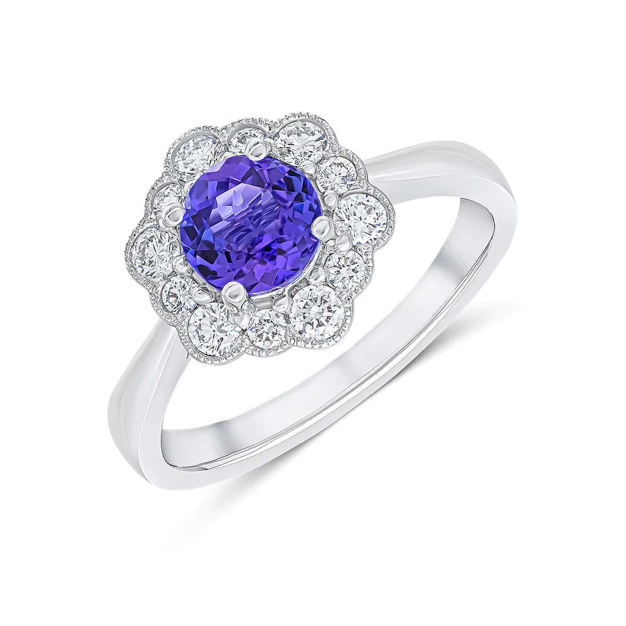 Round Brilliant Tanzanite Cluster diamond engagement Ring Harrogate. Set on 18ct white gold or platinum. Fogal and Barnes Fine Jewellers