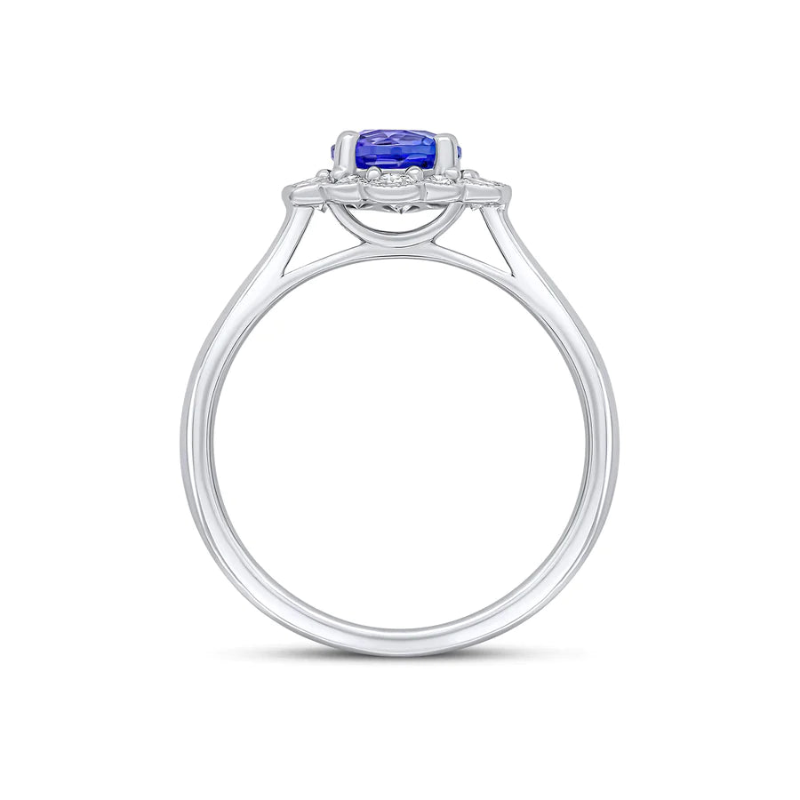 Round Brilliant Tanzanite Cluster diamond engagement Ring Harrogate. Set on 18ct white gold or platinum. Fogal and Barnes Fine Jewellers