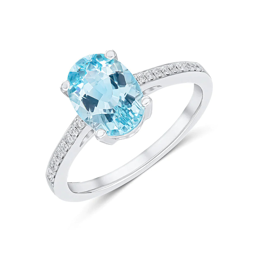 OVAL AQUAMARINE GRAIN SET DIAMOND ENGAGEMENT RING