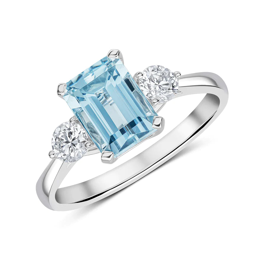 EMERALD CUT AQUAMARINE TRILOGY ENGAGEMENT RING