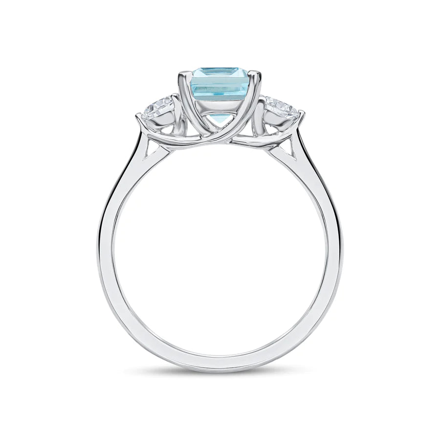 EMERALD CUT AQUAMARINE TRILOGY ENGAGEMENT RING