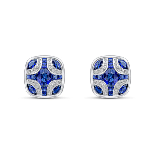 SAPPHIRE AND DIAMOND SHIELD STUD EARRINGS IN 18 CT WHITE GOLD