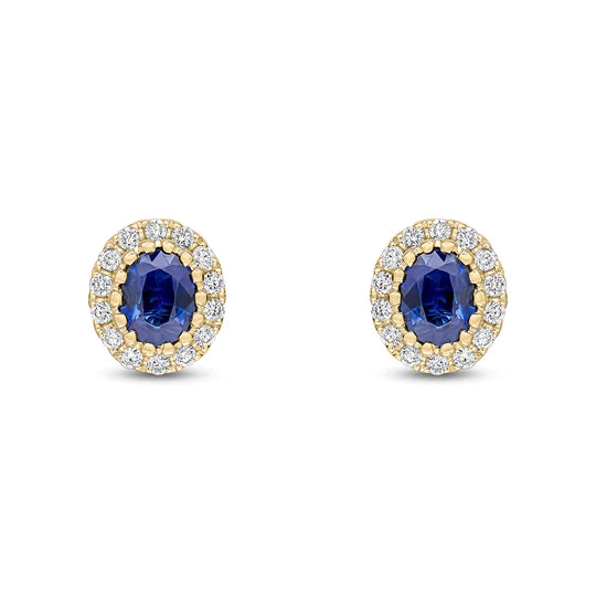 OVAL SAPPHIRE AND DIAMOND CLUSTER EARRINGS IN 18CT YELLOW GOLD