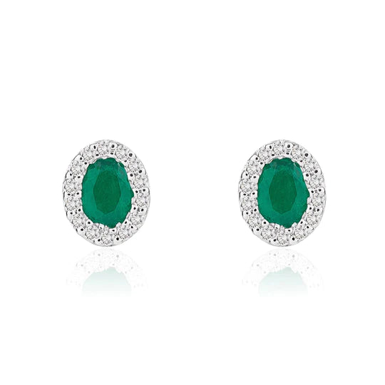 OVAL EMERALD AND DIAMOND CLUSTER STUD EARRINGS