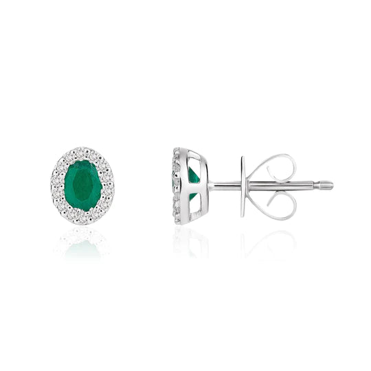 OVAL EMERALD AND DIAMOND CLUSTER STUD EARRINGS