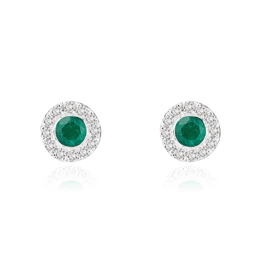 ROUND EMERALD AND DIAMOND CLUSTER  STUD EARRINGS