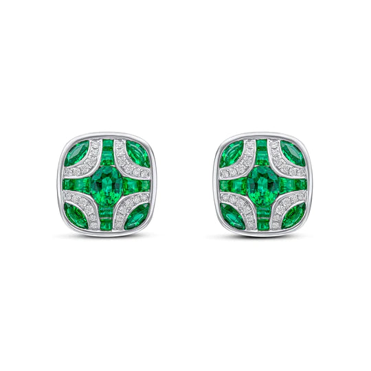 EMERALD AND DIAMOND SHIELD DESIGN STUD EARRINGS