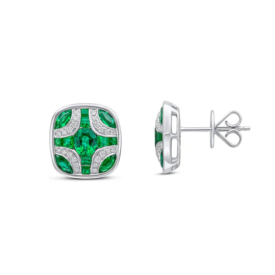EMERALD AND DIAMOND SHIELD DESIGN STUD EARRINGS