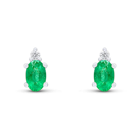OVAL EMERALD AND DIAMOND CLAW SET TWO STONE EARRINGS
