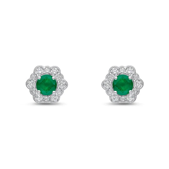 ROUND EMERALD AND DIAMOND MILLEGRAIN HEXAGON EARRINGS