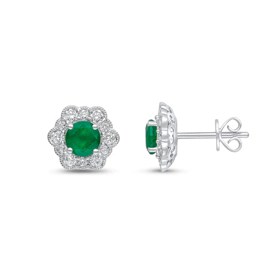 ROUND EMERALD AND DIAMOND MILLEGRAIN HEXAGON EARRINGS