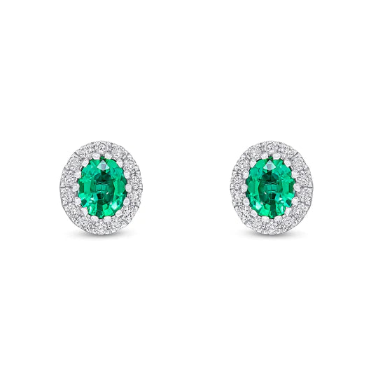 OVAL EMERALD AND DIAMOND CLUSTER STUD  EARRINGS