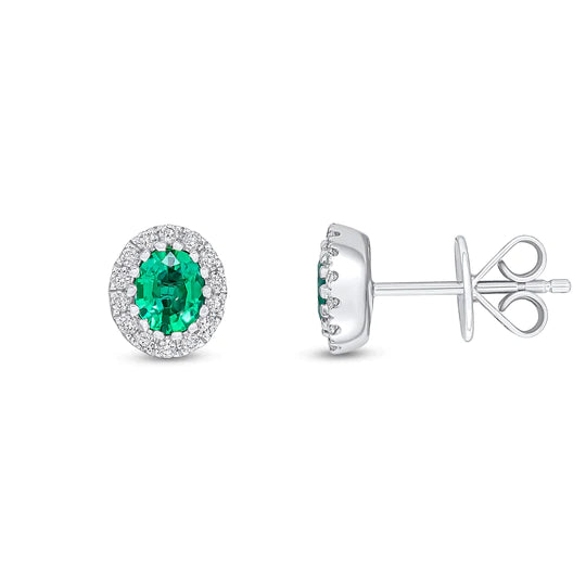 OVAL EMERALD AND DIAMOND CLUSTER STUD  EARRINGS