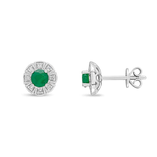ROUND EMERALD AND DIAMOND MILLEGRAIN FANCY CLUSTER  EARRINGS