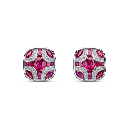 WHITE GOLD RUBY AND DIAMOND SHEILD STUD EARRINGS