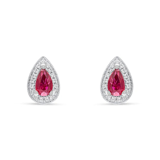 PEAR RUBY AND DIAMOND MILLEGRAIN CLUSTER STUD EARRINGS