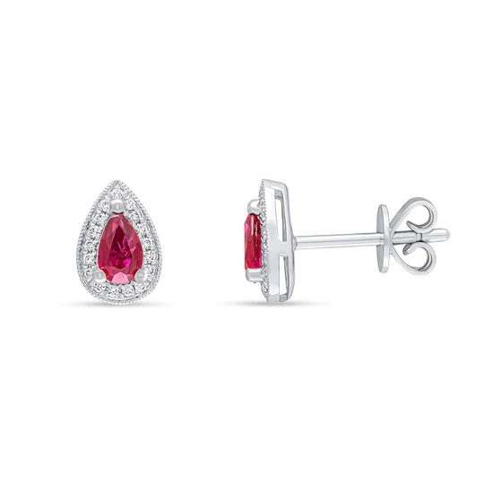 PEAR RUBY AND DIAMOND MILLEGRAIN CLUSTER STUD EARRINGS
