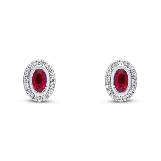 OVAL RUBY AND DIAMOND GRAIN SET EARRINGS