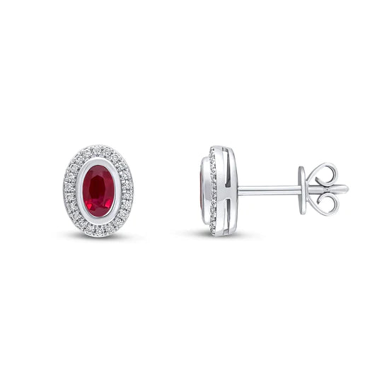 OVAL RUBY AND DIAMOND GRAIN SET EARRINGS
