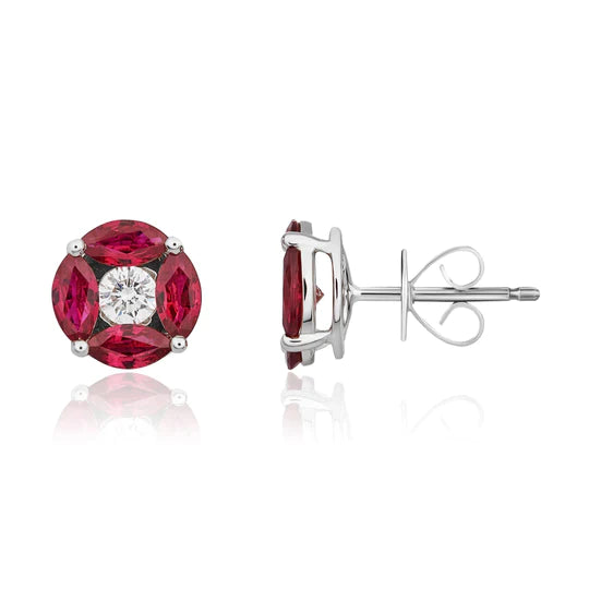 MARQUISE RUBY AND DIAMOND ROUND CLUSTER EARRINGS