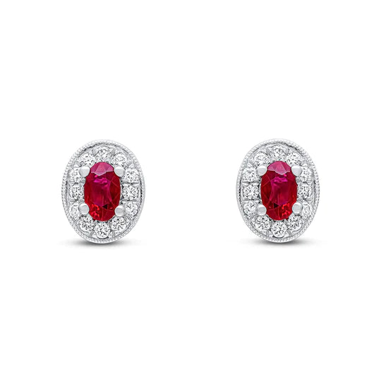 OVAL RUBY AND DIAMOND MILLEGRAIN CLUSTER EARRINGS
