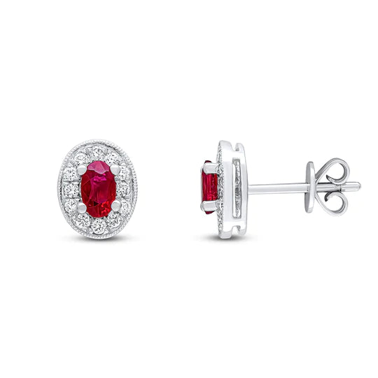OVAL RUBY AND DIAMOND MILLEGRAIN CLUSTER EARRINGS