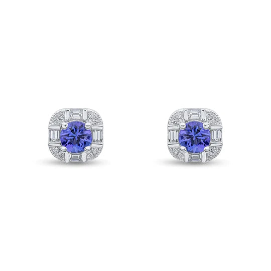 TANZANITE AND ROUND AND BAGUETTE DIAMOND STUD EARRINGS